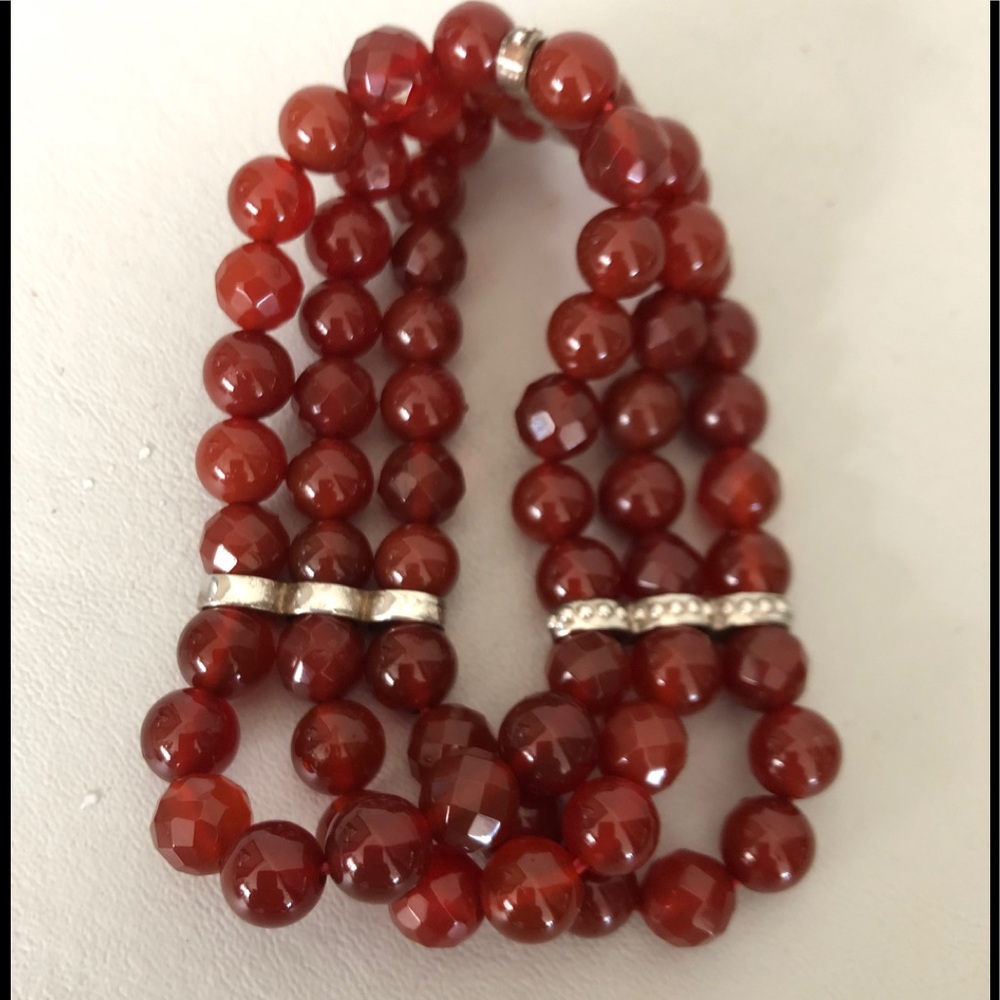 Faceted Carnelian Bead Bracelet w/Silver  Elastic